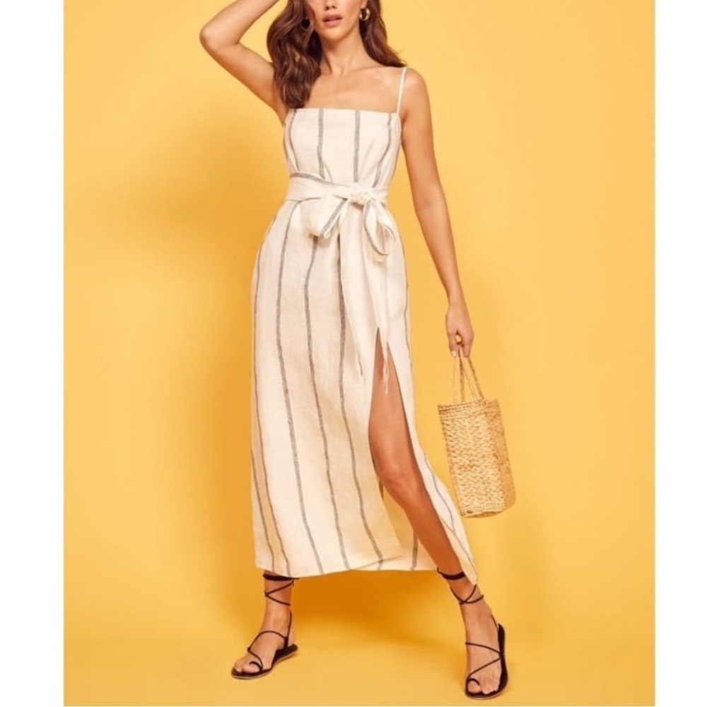 Reformation Linen Pineapple Midi Maxi Dress Black Licorice Small White Stripe